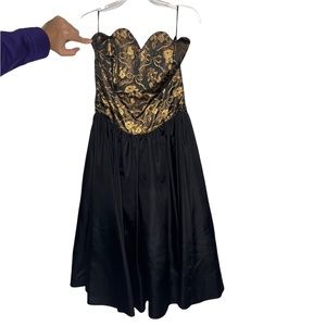 Gunne Sax Black and Gold Strapless Dress